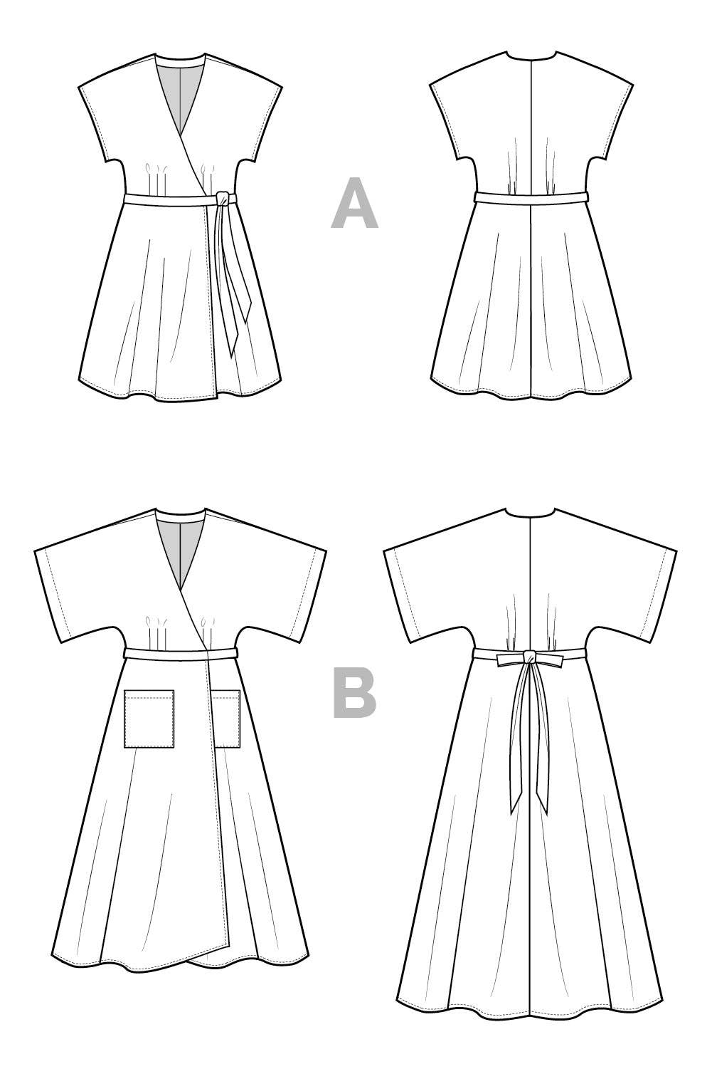 Line art of a dress with two variations labeled A and B on a white background.
