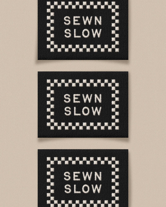 Three 'SEWN SLOW' patches on a beige background