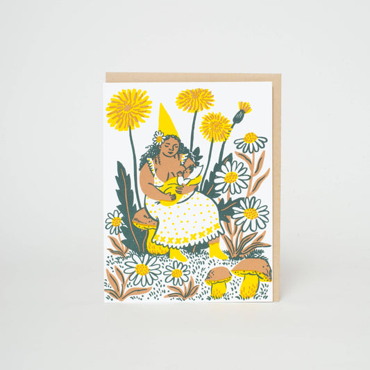 Greeting card with a fairy and floral design on a white background