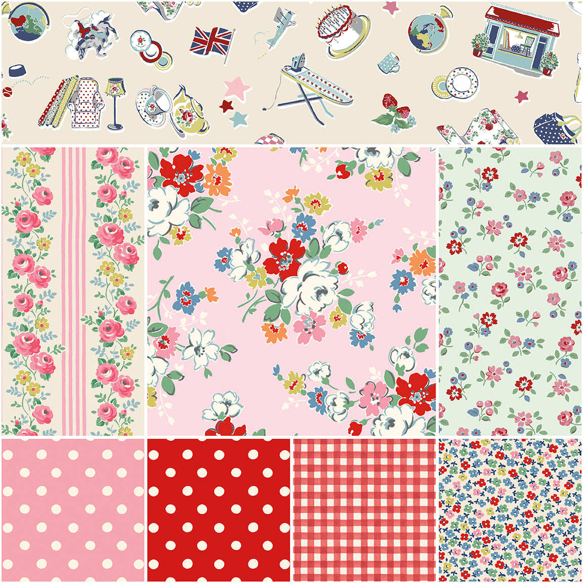 Collection of various floral, polka dot, and checkered patterns in a grid layout.