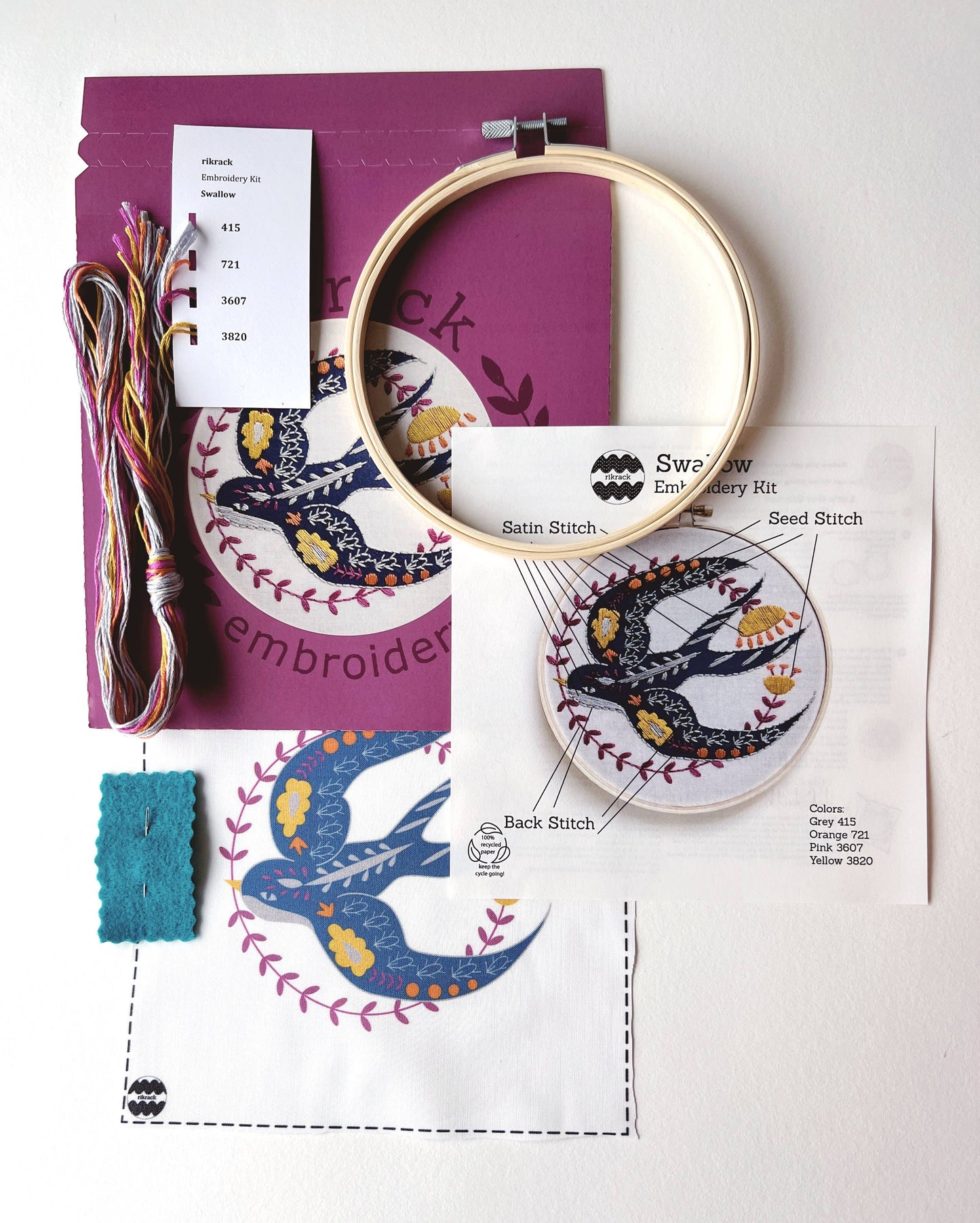 Embroidery kit with hoop, thread, and pattern on a white background