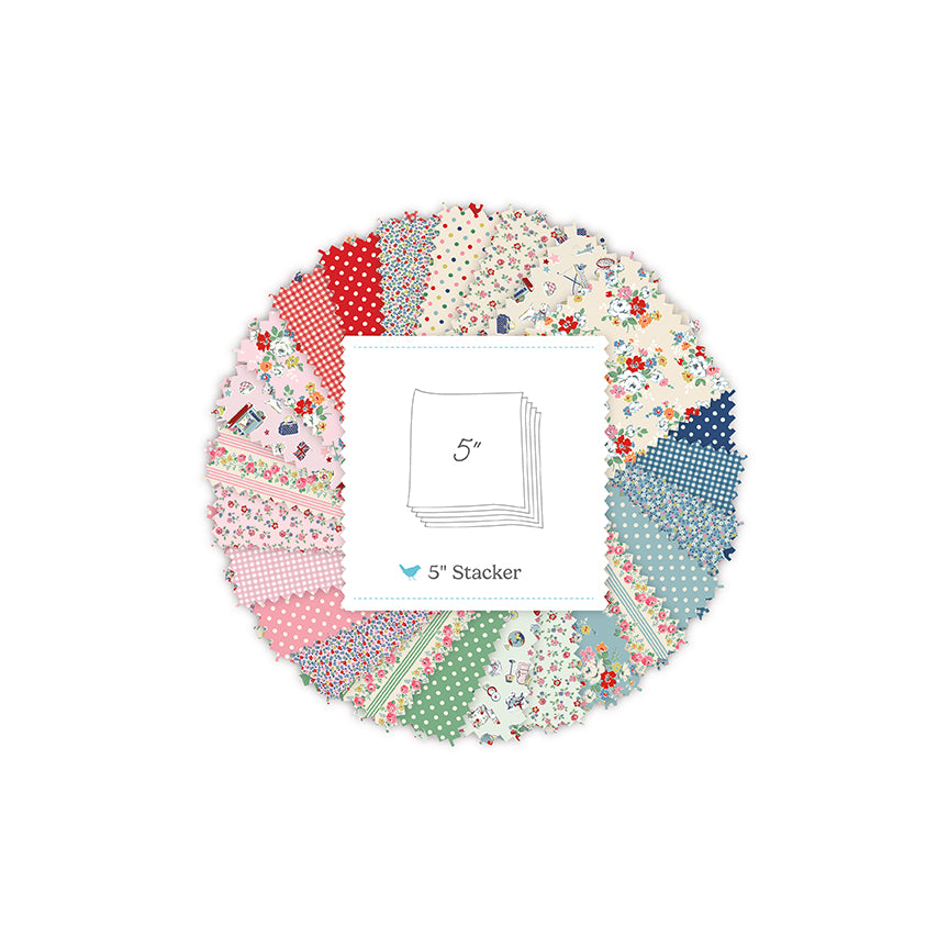 Colorful fabric swatch wheel with a '5" Stacker' label on a white background