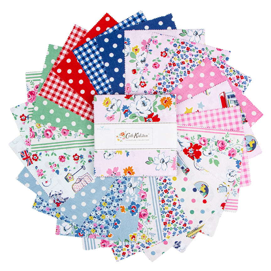 A circular arrangement of assorted fabric swatches from Cath Kidston, featuring various patterns including gingham, polka dots, florals, stripes, and whimsical illustrations, with a central paper band displaying the brand logo.