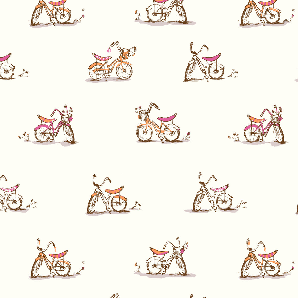 Pattern of small bicycles with pink seats on a white background