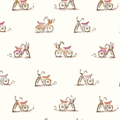Pattern of small bicycles with pink seats on a white background