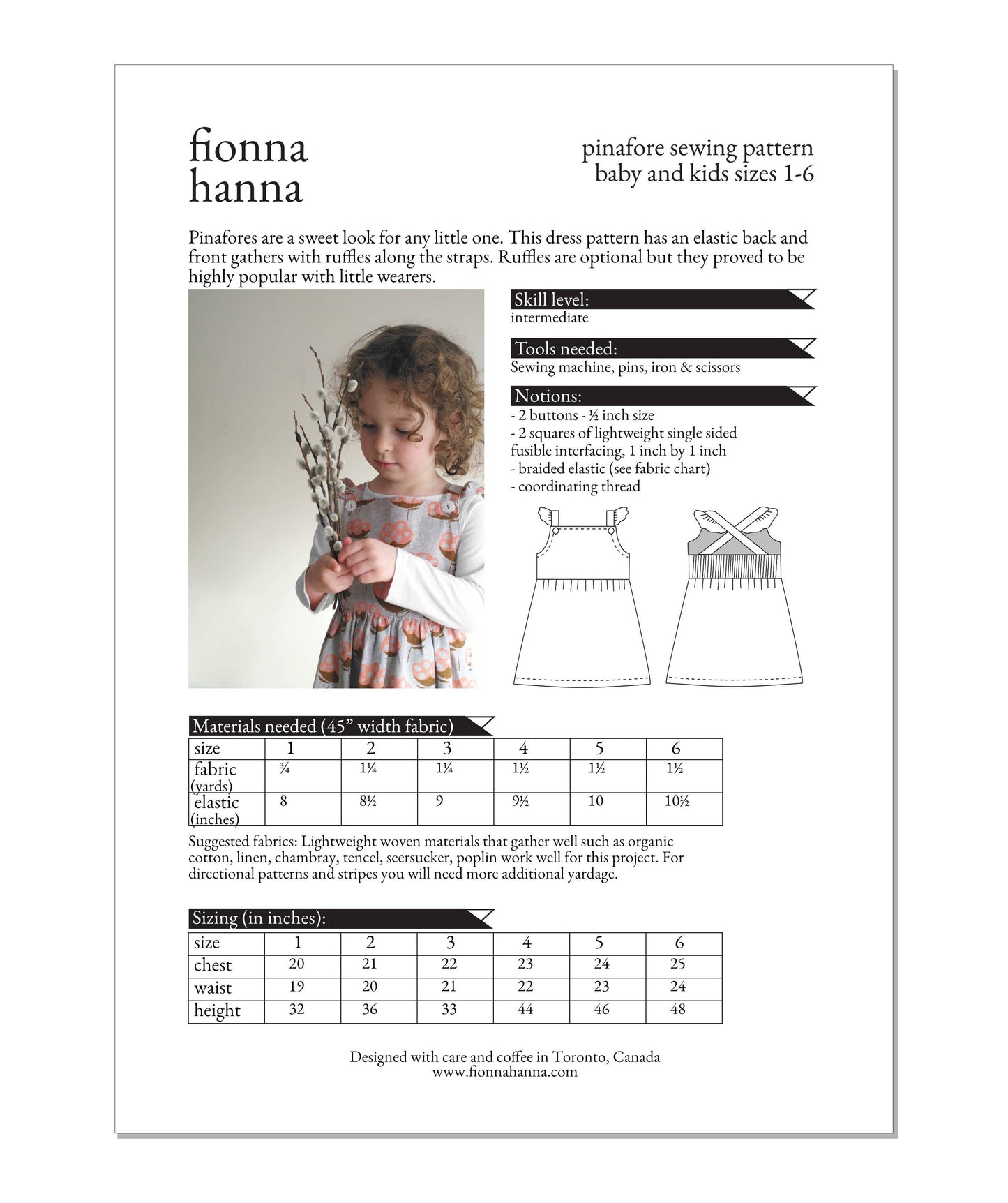 Pinafore Sewing Pattern for Toddlers & Little Kids - by fionna hanna