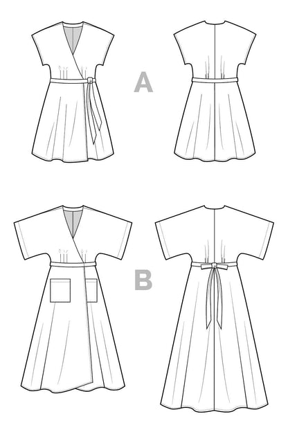 Line art of a dress with two variations labeled A and B on a white background.