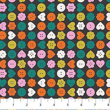 Patterned fabric with colorful buttons and shapes on a gray background