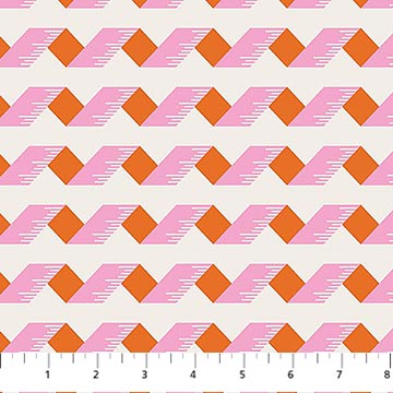 Patterned fabric with orange and pink geometric design on a white background