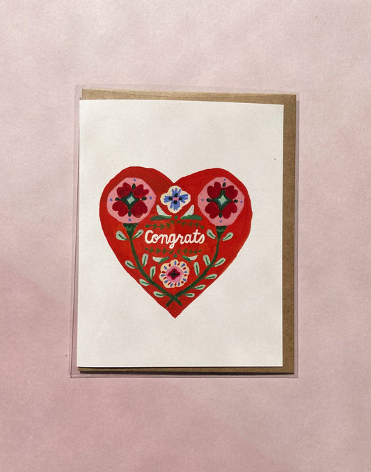 Congrats Folk Art Heart Love Greeting Card - by Lindsey Day Studios