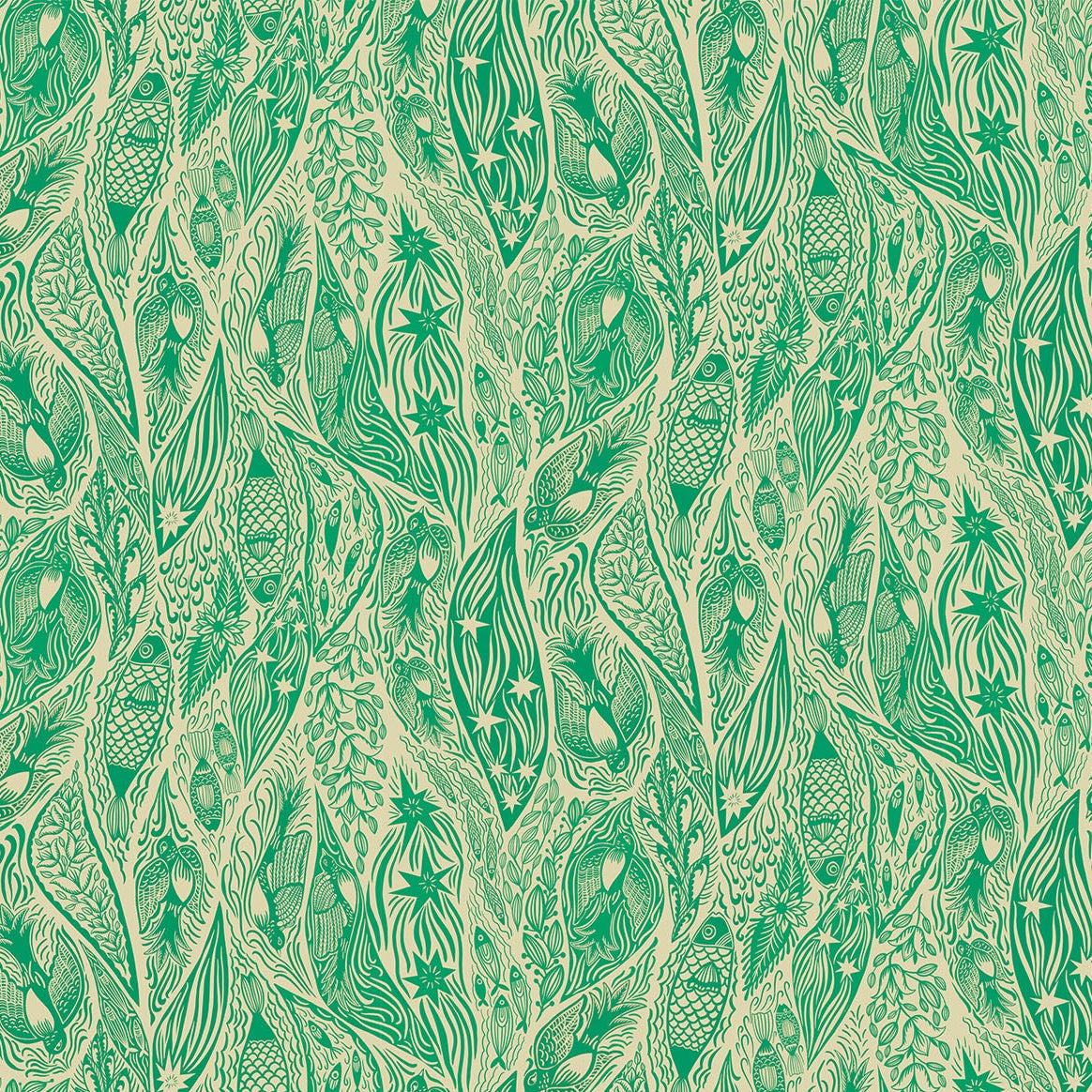 A repeating ornamental pattern in mint green and cream, featuring flowing vine-like motifs and small star details across the full frame.
