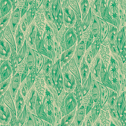 A repeating ornamental pattern in mint green and cream, featuring flowing vine-like motifs and small star details across the full frame.