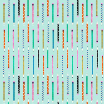 Dear Stella Fabrics Hall Pass Faye Guanipa Pencils Aqua Blue