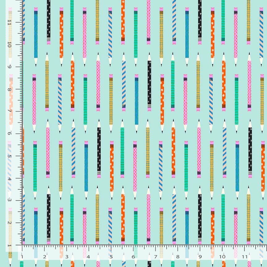 Dear Stella Fabrics Hall Pass Faye Guanipa Pencils Aqua Blue
