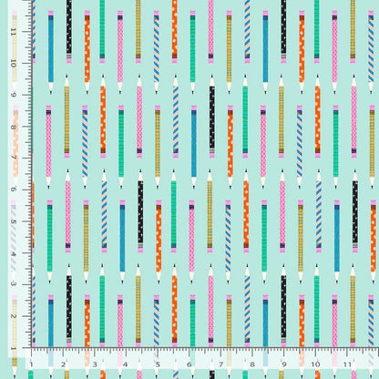 Dear Stella Fabrics Hall Pass Faye Guanipa Pencils Aqua Blue