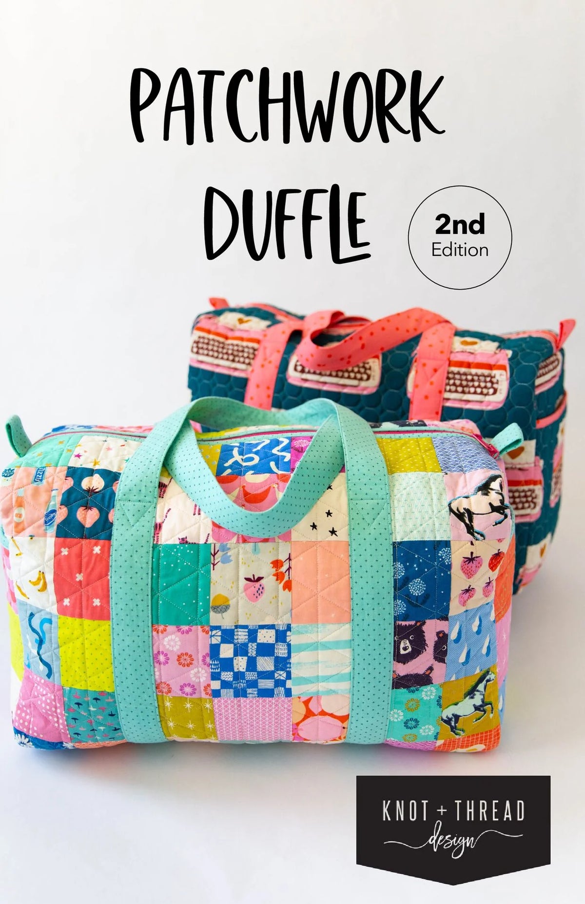 Colorful patchwork duffle bag with 'Knot & Thread Design' branding on a white background.