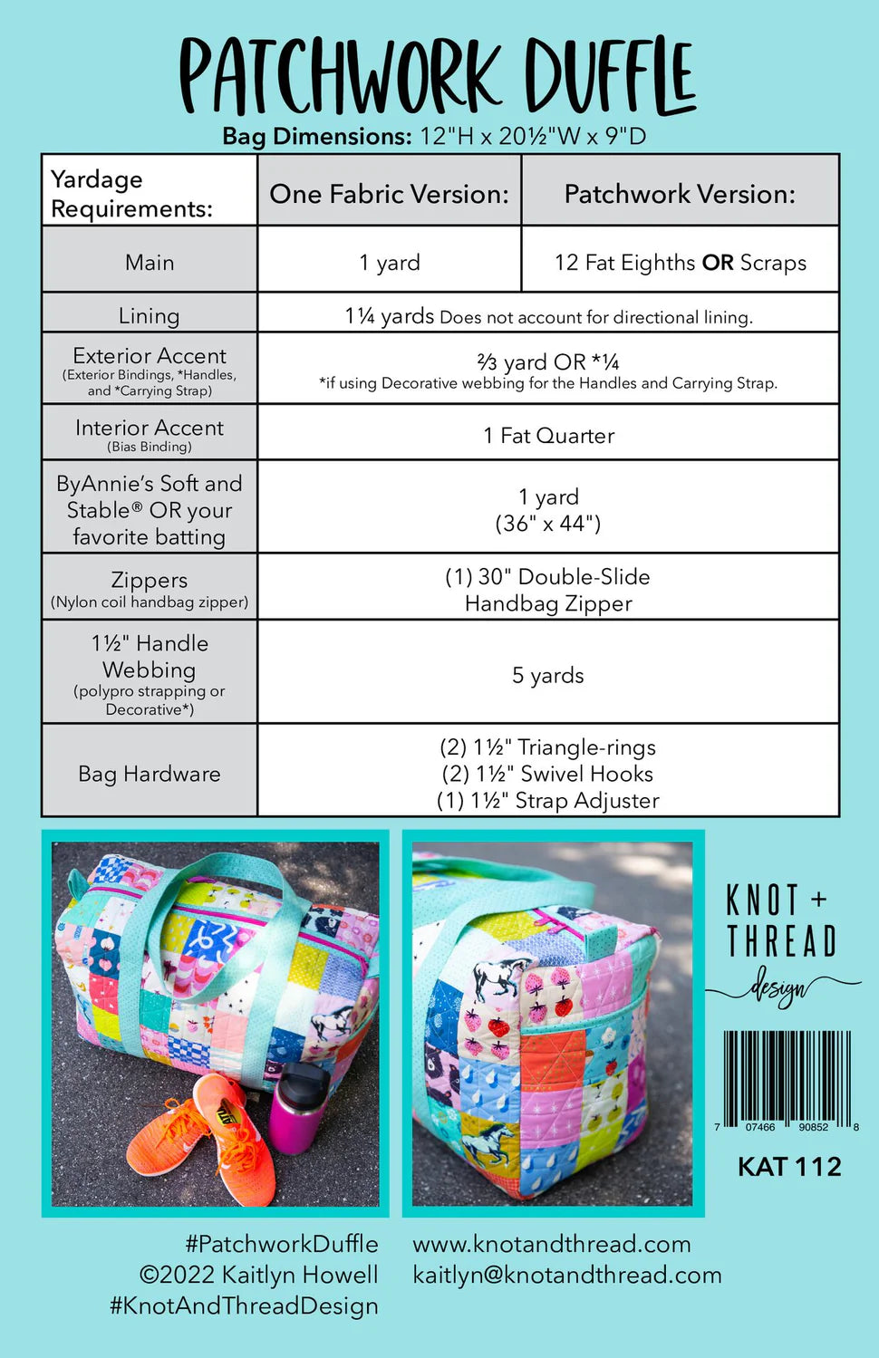 A product information sheet for the Patchwork Duffle bag by Knot + Thread, showing a comparison table for one fabric version versus patchwork versions, plus two photos of the assembled patchwork duffle bag with orange shoes beside it.