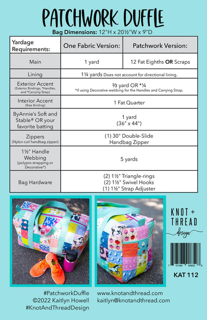 A product information sheet for the Patchwork Duffle bag by Knot + Thread, showing a comparison table for one fabric version versus patchwork versions, plus two photos of the assembled patchwork duffle bag with orange shoes beside it.