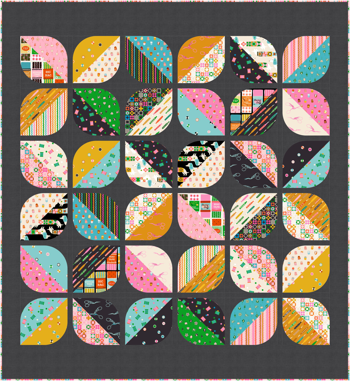A square quilt or textile panel featuring a grid of colorful geometric and patterned blocks separated by a dark charcoal background. The individual sections include stripes, polka dots, floral prints, and abstract designs in pink, teal, mustard yellow, green, black, and white.