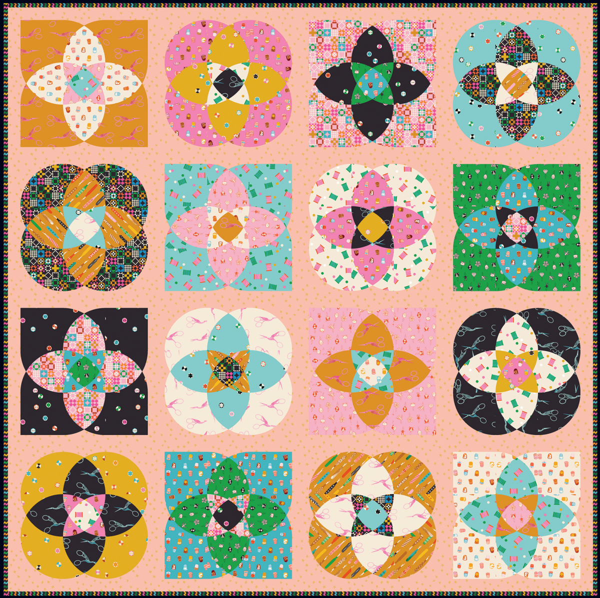 A quilt pattern sheet featuring 15 distinct geometric and floral block designs arranged in a 3x5 grid on a light peach background, framed by a black and white checkered border.