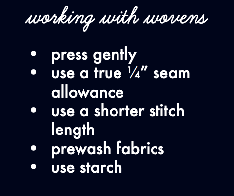 A dark navy slide with white text listing sewing and weaving preparation tips: press gently, use a true 1/4 inch seam allowance, use a shorter stitch length, prewash fabrics, and use starch.