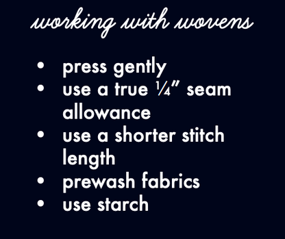 A dark navy slide with white text listing sewing and weaving preparation tips: press gently, use a true 1/4 inch seam allowance, use a shorter stitch length, prewash fabrics, and use starch.