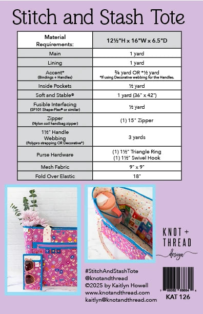 Stitch and Stash Tote sewing pattern with material requirements and images of the tote.