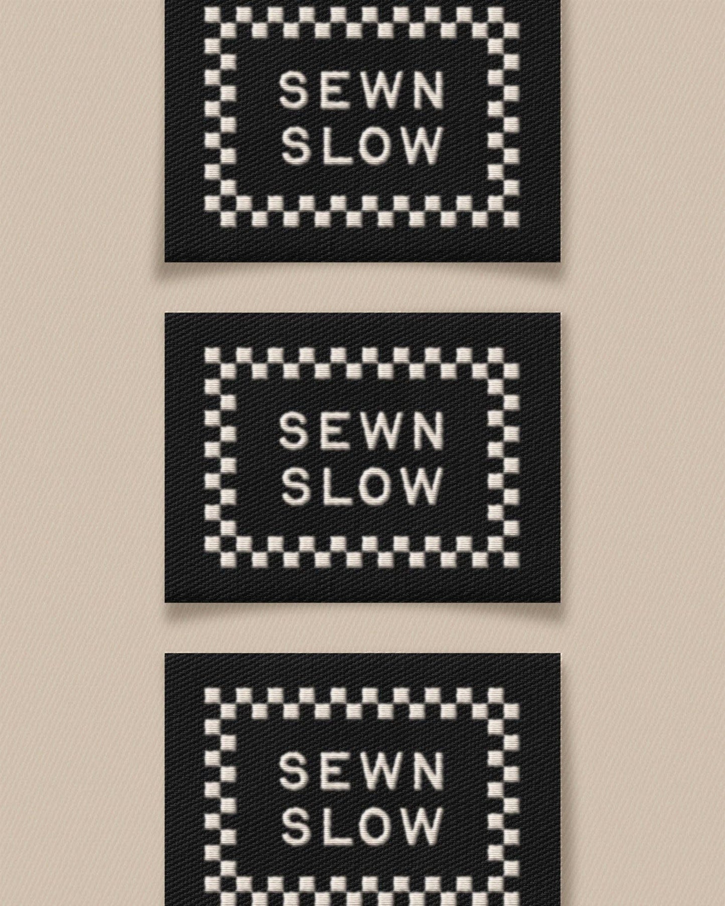 Three 'SEWN SLOW' patches on a beige background