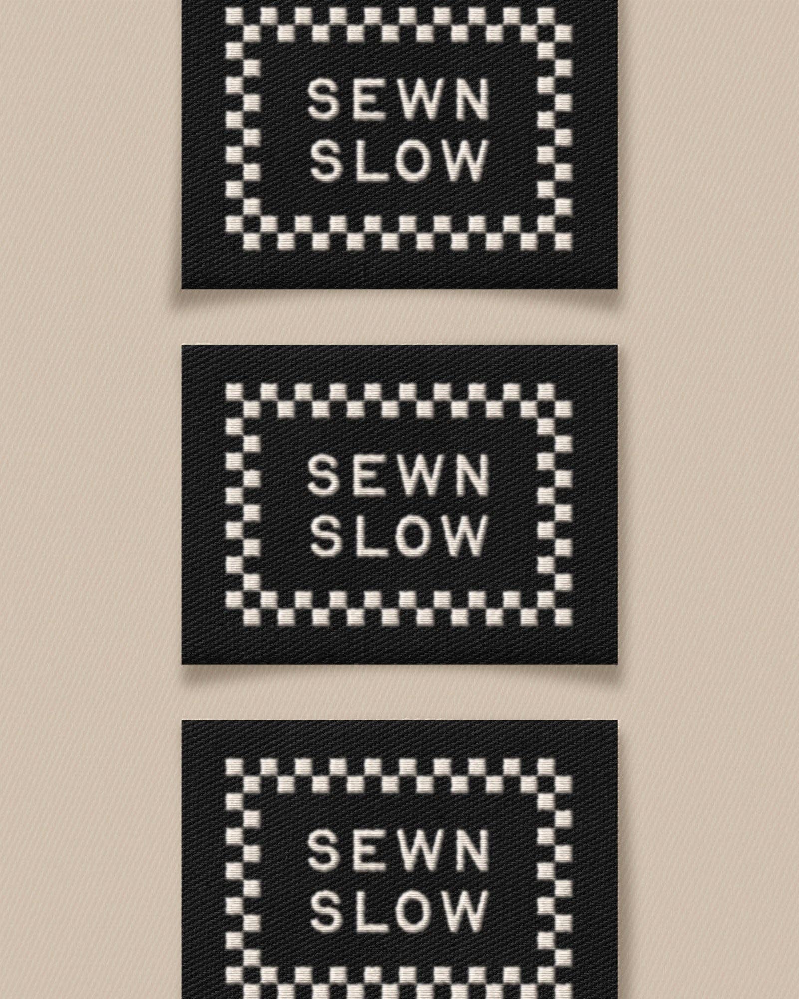 Three 'SEWN SLOW' patches on a beige background