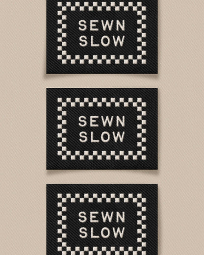 Three 'SEWN SLOW' patches on a beige background