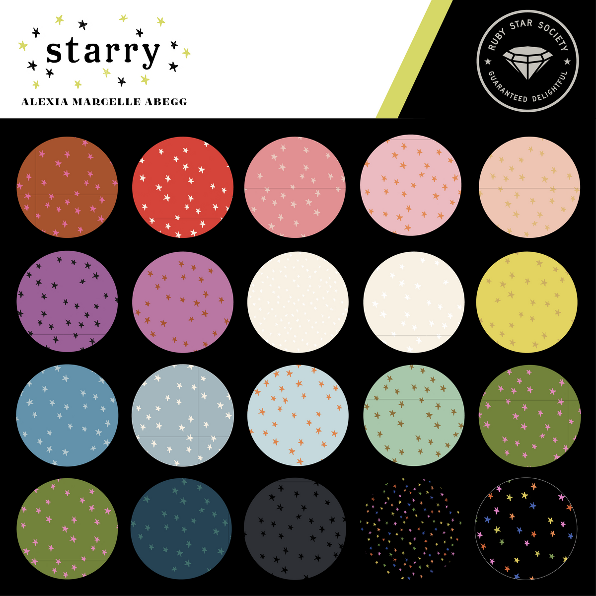 Collection of colorful dot patterns with 'starry' branding and 'Ruby Star Society' logo.