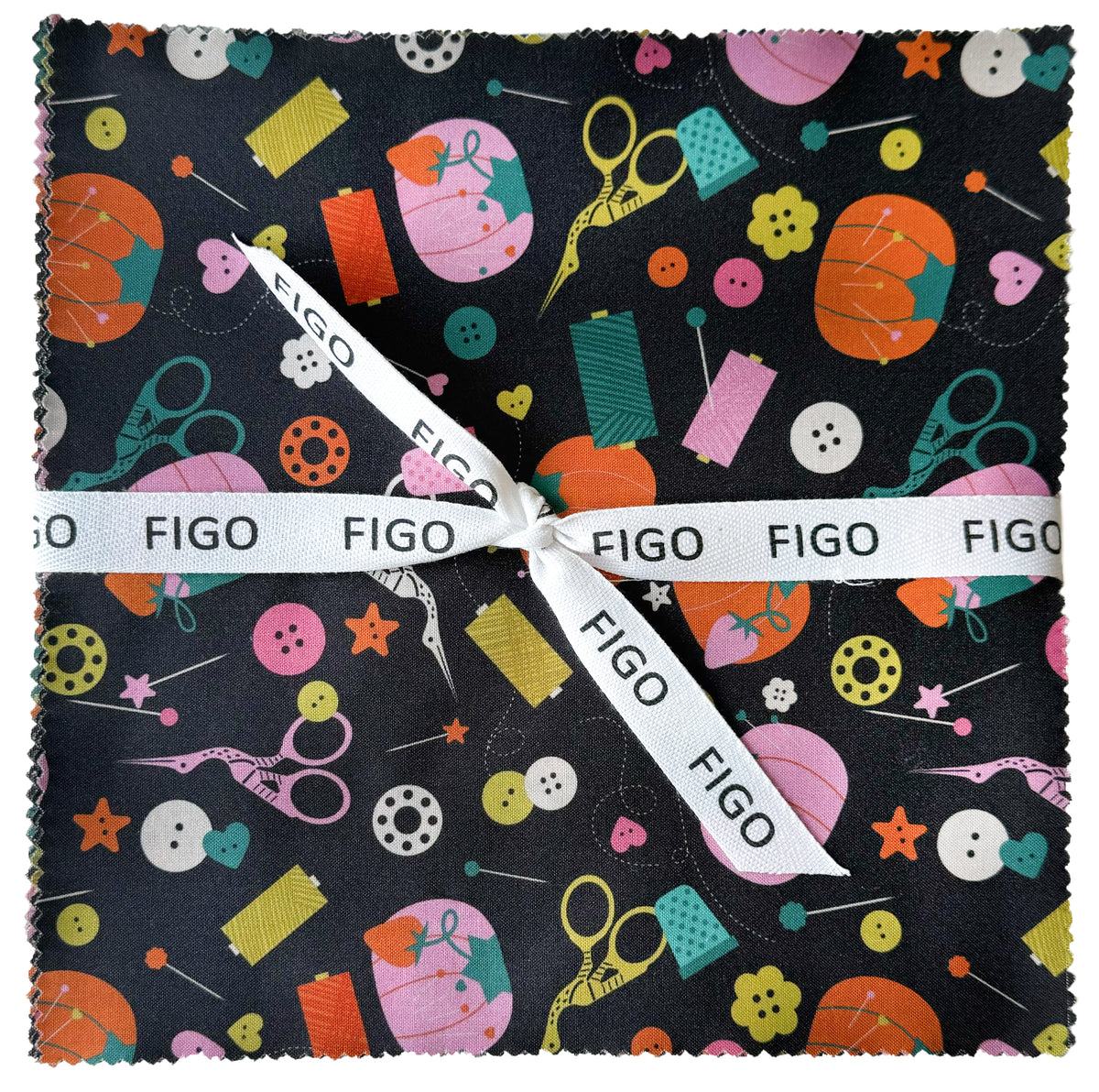 A square fabric square with scalloped edges, featuring a colorful sewing and crafting pattern on a black background, tied with a white Figo ribbon.