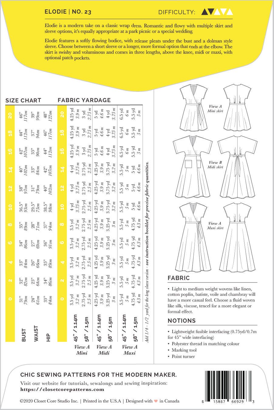 Pattern envelope for a dress with size chart and fabric yardage information.
