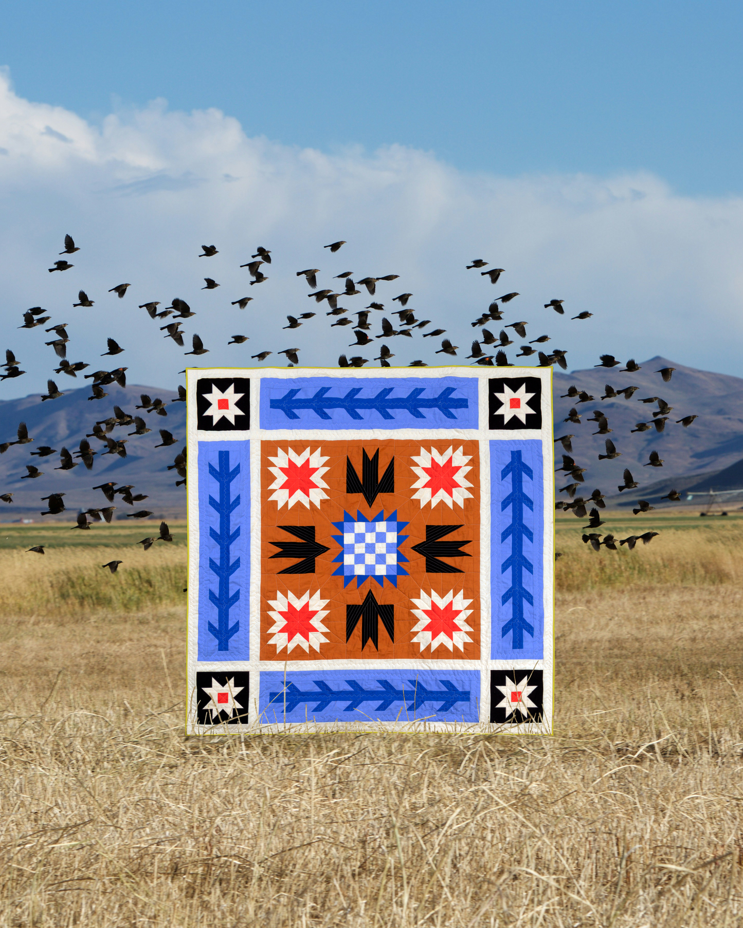 A square decorative tile or print featuring a Southwestern-style geometric pattern in blue, orange, red, black, and white, set against a background of a dry grass field, mountains, and a flock of birds in the sky.