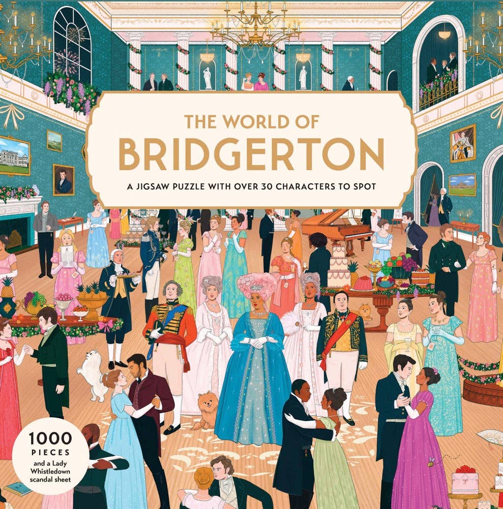 Illustrated cover of 'The World of Bridgerton' with characters from the show in a ballroom setting.