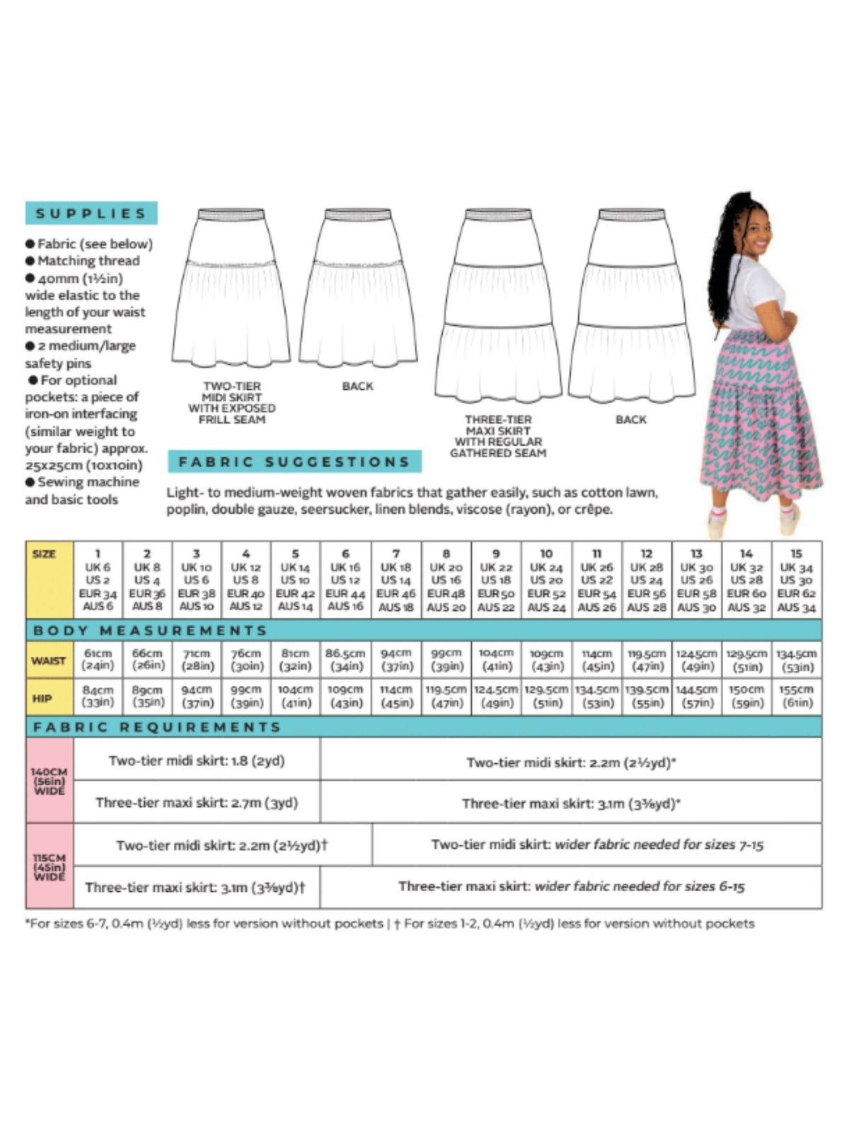 Measurement chart for a skirt with fabric suggestions and body measurements.