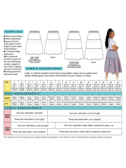 Measurement chart for a skirt with fabric suggestions and body measurements.