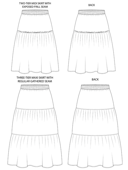 Black and white line art sewing pattern diagrams showing the front and back views of two skirt styles: a two-tier midi skirt with exposed frill seam and a three-tier maxi skirt with regular gathered seam.